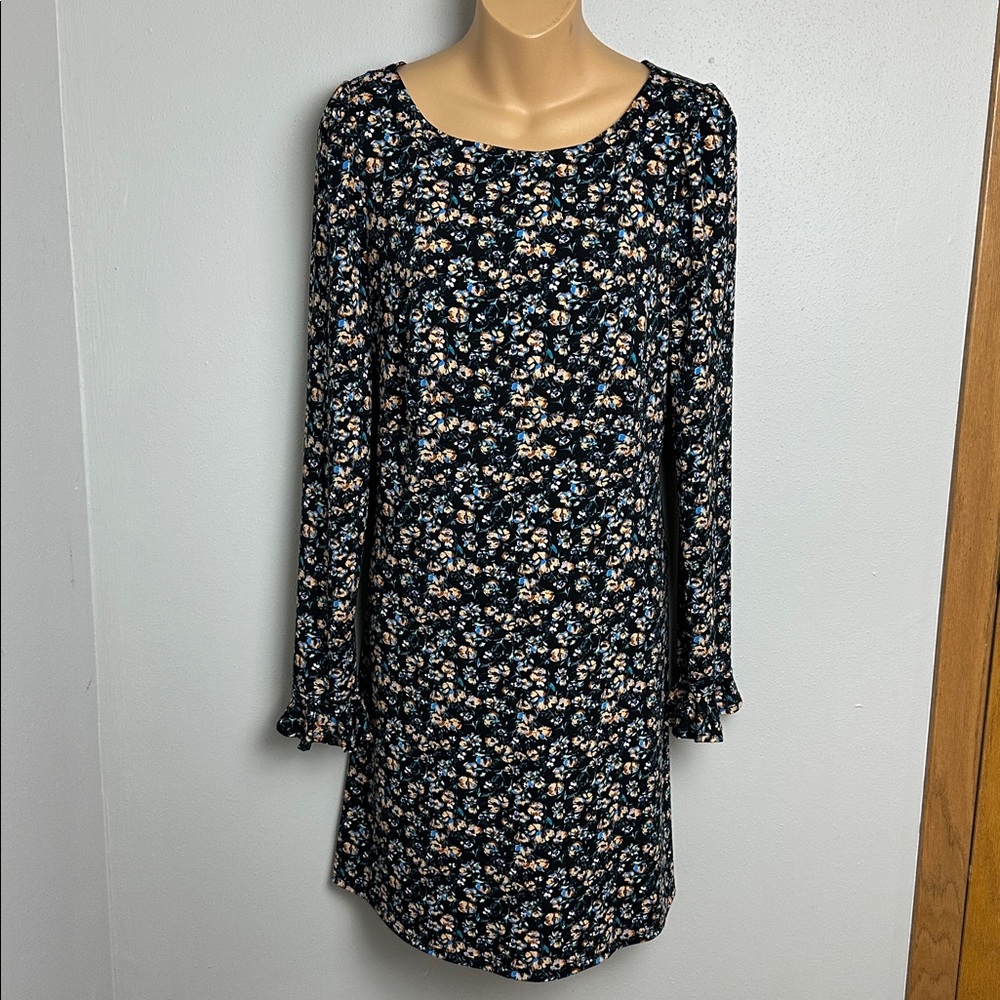 Free People Black Floral Long-Sleeve Shift Dress with Blue and Cream Blooms